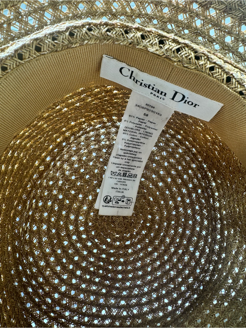 Dior Woven Straw Hat In Natural Gold Tone